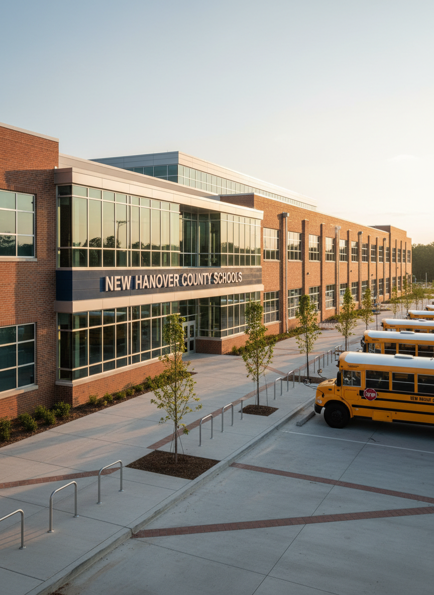 A row of modern, brick and glass school buildings with a freshly renovated facade, expansive windows, and a prominent, well-maintained sign reading “New Hanover County Schools.” The buildings are surrounded by clean sidewalks, young trees, and neatly lined bike racks, with school buses parked in an orderly line along the curb. Soft late afternoon sunlight casts long, gentle shadows, highlighting the textures of brick, metal, and glass. Photographic realism with a professional, civic tone, shot at eye-level with a wide lens to capture the full campus, sharp focus throughout. The mood is hopeful, forward-looking, and orderly, suggesting a community investing in its educational future without showing any people.